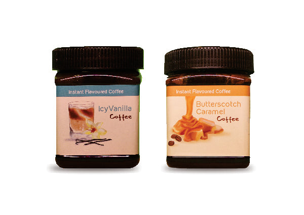 A product image of a Hetal's Homemade coffee combo. The image shows two coffees, Vanilla flavoured instant coffee and Butterscotch caramel flavoured instant coffee. All our products are 100% homemade and contains no added preservatives.