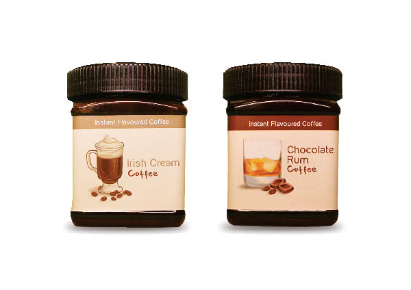 A product image of a Hetal's Homemade coffee combo. The image shows two coffees, Irish Cream flavoured instant coffee and Chocolate Rum flavoured instant coffee. All our products are 100% homemade and contains no added preservatives.