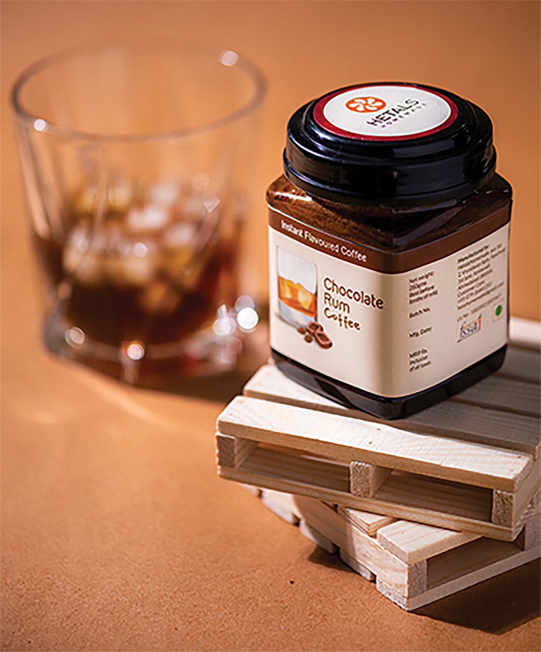 A creative shot of Hetal's Chocolate Rum flavoured instant coffee. All our products are 100% homemade and contains no added preservatives.