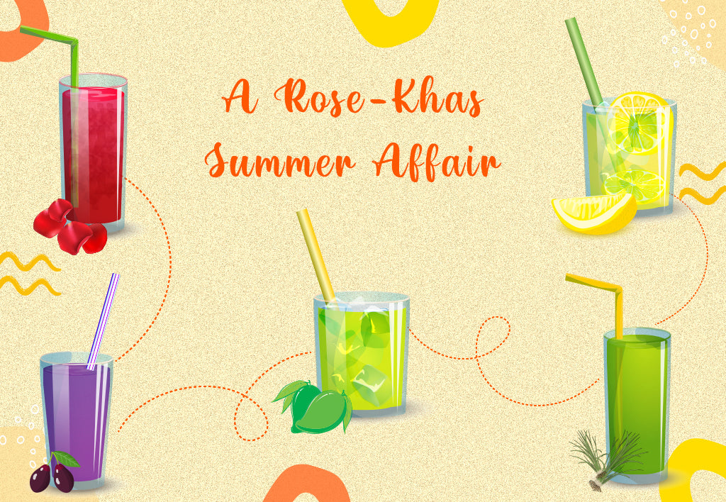 A blog cover image showing artistic representations of Sharbats in glasses. The text reads A Rose- Khas Affair which are the two sharbat flavours commonly used.