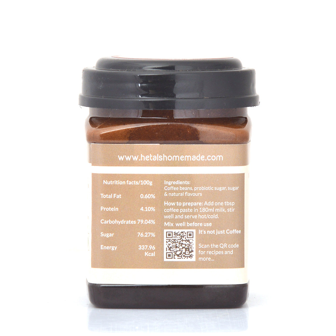 A back image of Hetal's ferrero rocher flavoured instant coffee. The image shows the nutritional facts about the coffee. All our products are 100% homemade and contains no added preservatives.