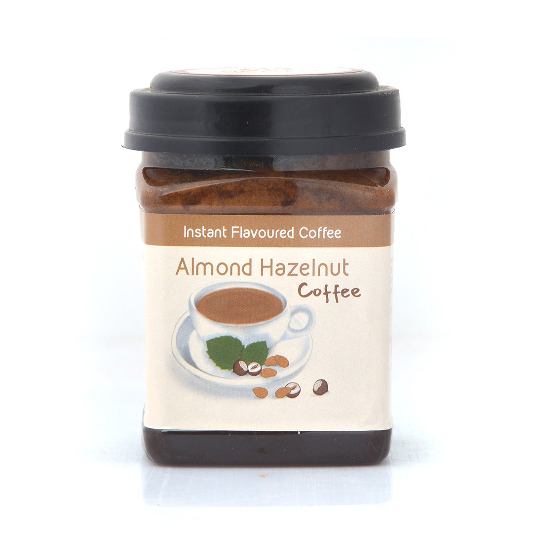 A front product image of Hetal's Almond Hazelnut flavoured instant coffee. All our products are 100% homemade and contains no added preservatives.