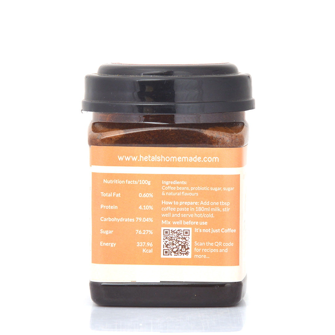 A back image of Hetal's butterscotch  caramel flavoured instant coffee. The image shows the nutritional facts about the coffee. All our products are 100% homemade and contains no added preservatives.