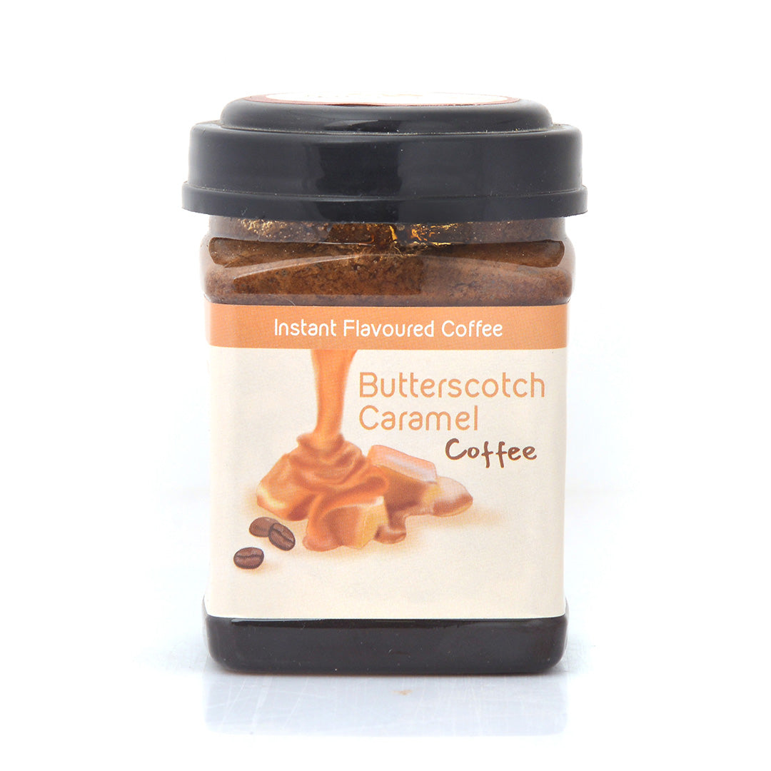A front image of Hetal's Butterscotch caramel flavoured instant coffee. All our products are 100% homemade and contains no added preservatives.