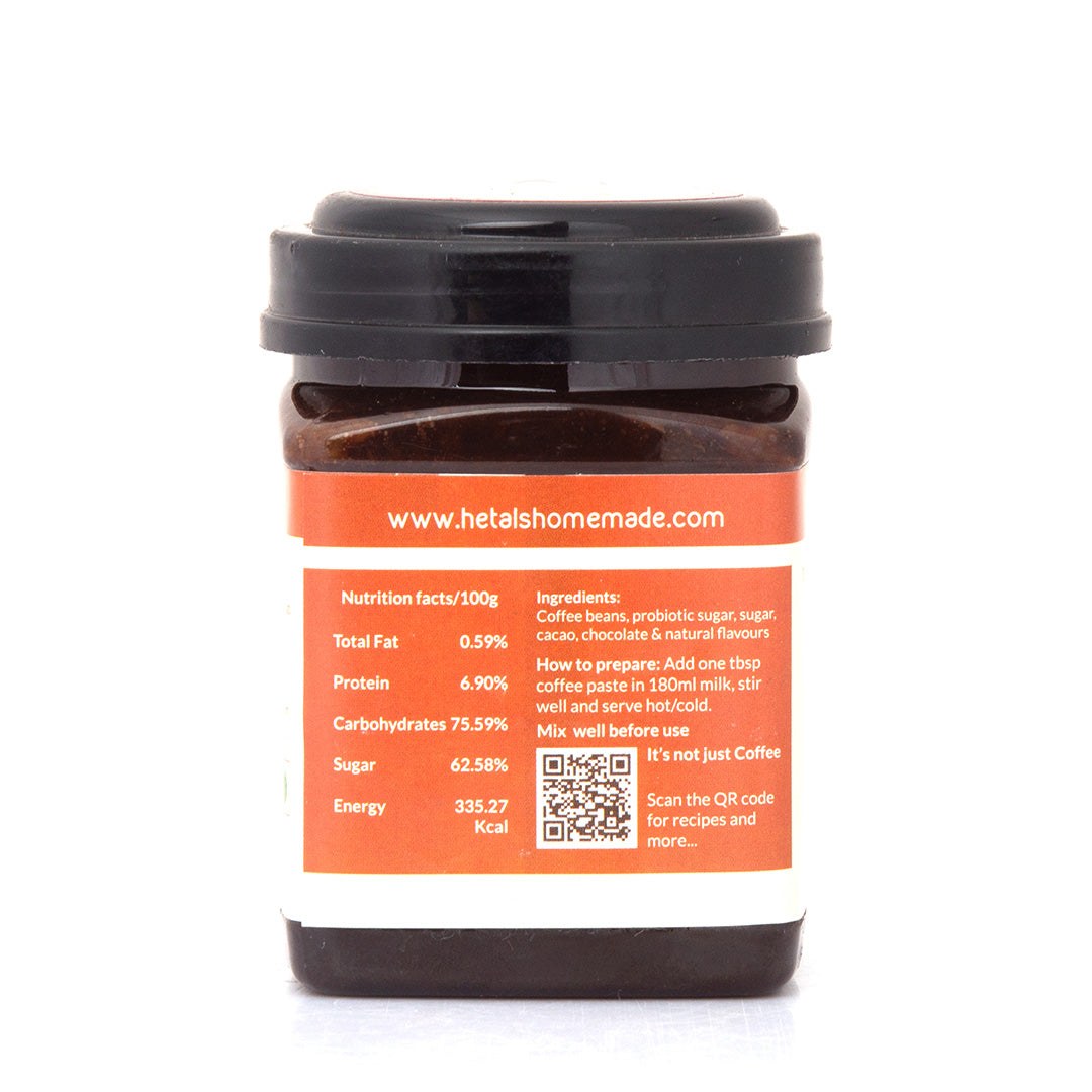 A back image of Hetal's chocolate orange flavoured instant coffee. The image shows the nutritional facts about the coffee. All our products are 100% homemade and contains no added preservatives.