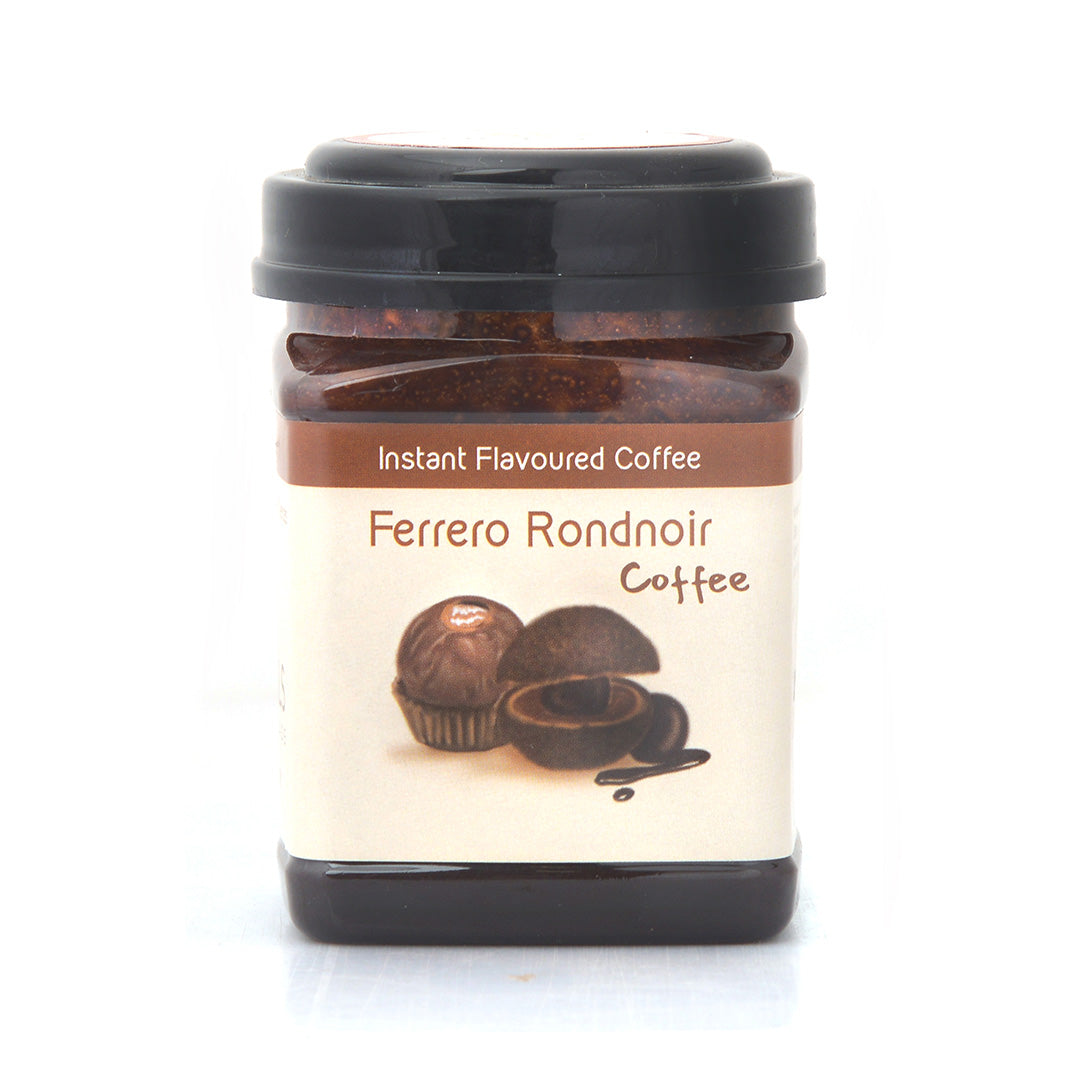 A front image of Hetal's Ferrero Rocher flavoured instant coffee. All our products are 100% homemade and contains no added preservatives.