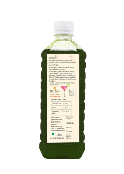 An image of Hetal's Homemade Green Apple Ice Tea. The image reads out the nutritional facts and directions on how to use the product. 