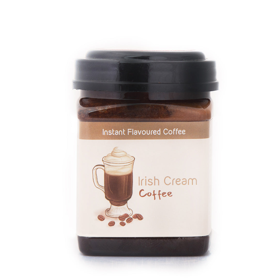 A front product image of Hetal's Irish Cream flavoured instant coffee. All our products are 100% homemade and contains no added preservatives.