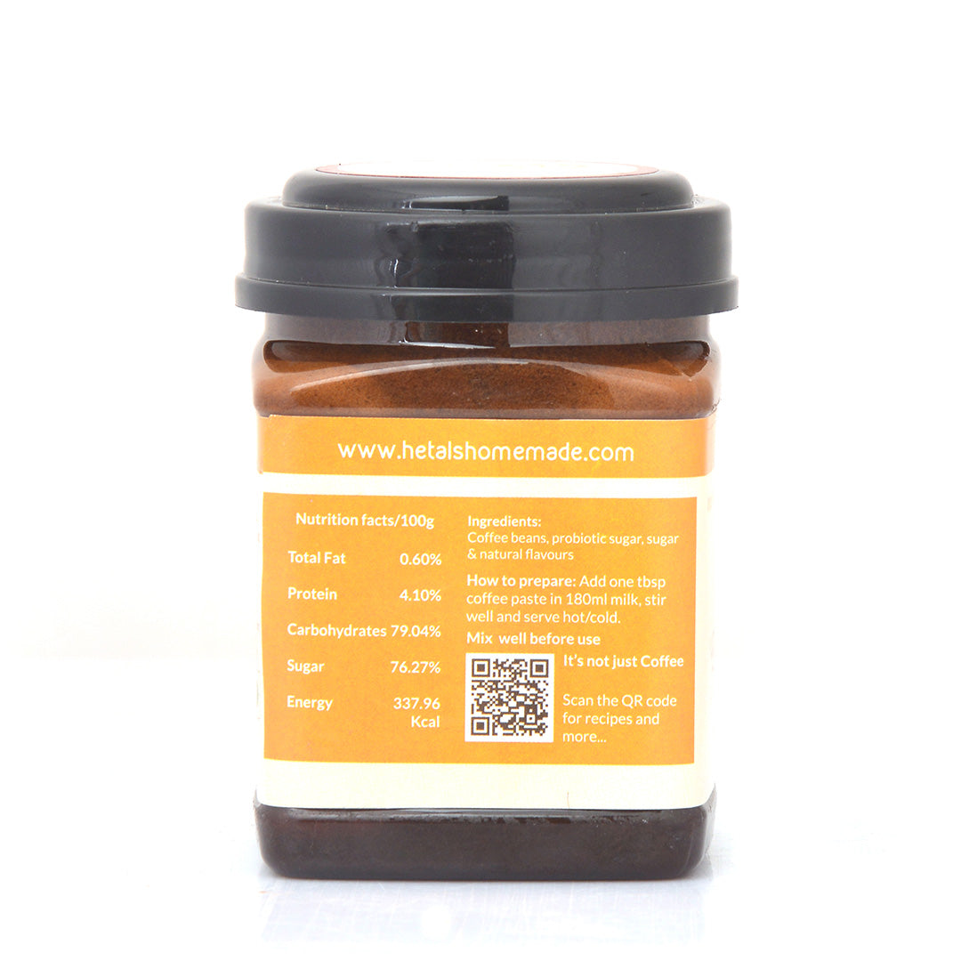 A back product image of Hetal's Orange flavoured instant coffee. All our products are 100% homemade and contains no added preservatives. The image also shows the nutritional facts about Hetal's Orange Coffee.