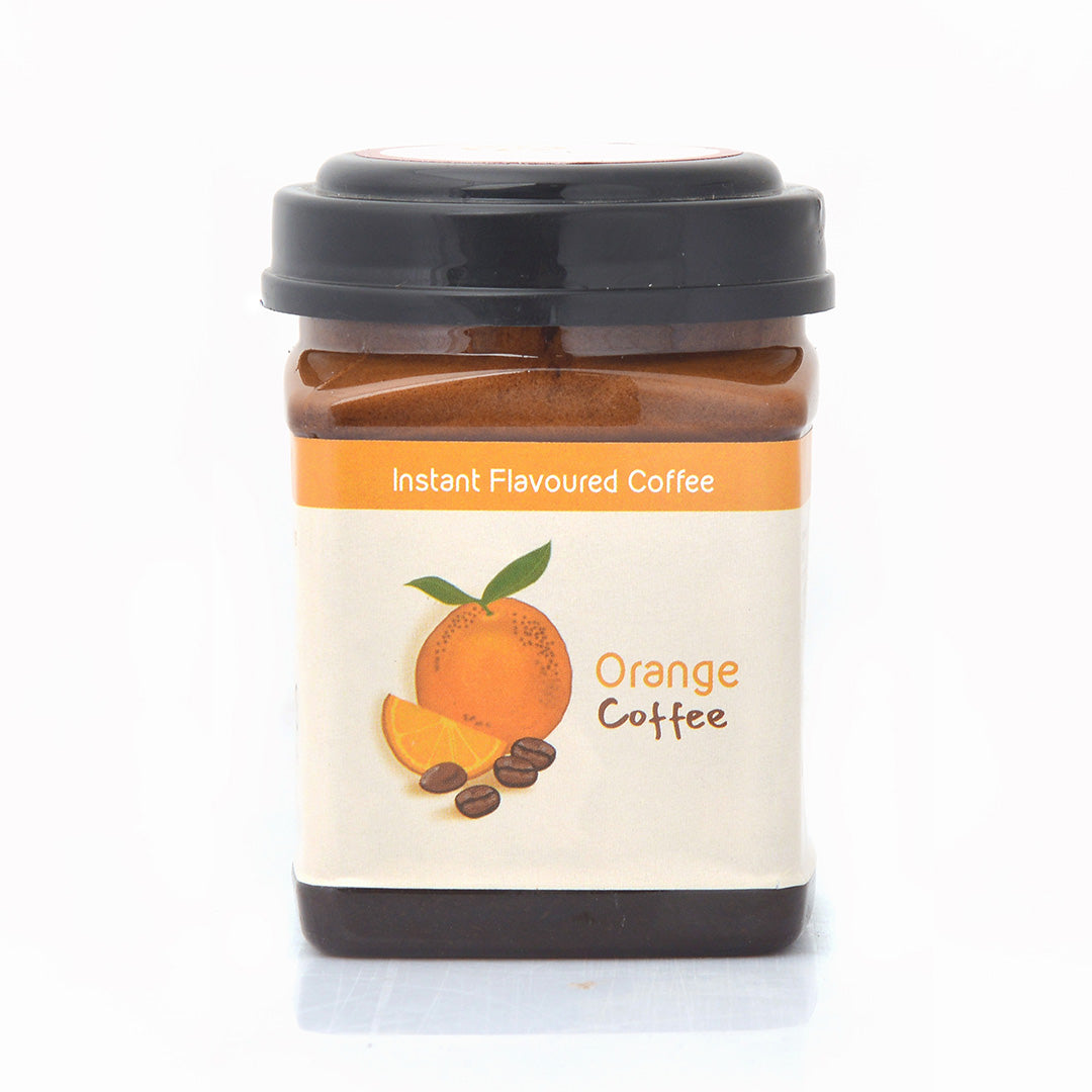 A front product image of Hetal's Orange flavoured instant coffee. All our products are 100% homemade and contains no added preservatives.
