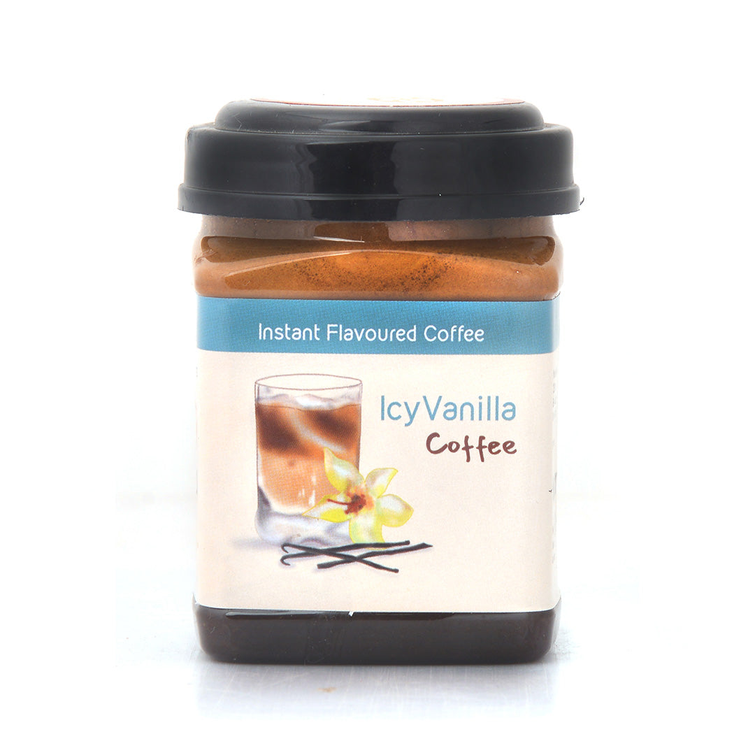 A front image of Hetal's Icy Vanilla flavoured instant coffee. All our products are 100% homemade and contains no added preservatives.